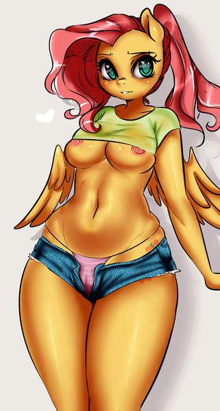 Size: 1028x1920 | Tagged: questionable, artist:glacierclear edits, artist:ming3, derpibooru import, edit, fluttershy, anthro, adorasexy, belly button, breasts, cameltoe, clothes, cute, daisy dukes, female, heart, looking at you, midriff, nipples, nudity, open fly, panties, partial nudity, ponytail, sexy, shirt, shirt lift, short shirt, shorts, sluttershy, solo, solo female, striped underwear, thong, tight clothing, unbuttoned, undersized clothes, underwear, wide hips