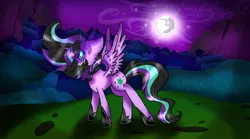 Size: 1440x802 | Tagged: safe, artist:thepegasisterpony, derpibooru import, twilight sparkle, twilight sparkle (alicorn), alicorn, pony, corrupted, corrupted twilight sparkle, evil twilight, fangs, full moon, mare in the moon, moon, solo, sombra eyes, spread wings, twivine sparkle