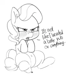 Size: 1280x1433 | Tagged: 30 minute art challenge, artist:pabbley, belly button, blushing, derpibooru import, dialogue, diamond tiara, diamond tsundiara, monochrome, safe, simple background, sitting, solo, tsundere, white background