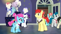 Size: 1920x1080 | Tagged: safe, derpibooru import, screencap, blue bobbin, crimson cream, don neigh, fashion statement, lucky breaks, mare e. belle, rainbow dash, rarity, strawberry ice, upper east side, pony, the saddle row review, mannequin, upper east stride