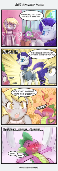 Size: 500x1475 | Tagged: suggestive, artist:lumineko, derpibooru import, derpy hooves, rarity, spike, dragon, pony, 4koma, adorasexy, backless, blood, blushing, book, carousel boutique, clothes, comic, cute, dialogue, dock, drool, faint, food, male, muffin, nosebleed, open mouth, open-back sweater, open-chest sweater, question mark, rearity, sexy, shipping, sleeveless sweater, smiling, sparity, straight, sweater, trio, virgin killer sweater