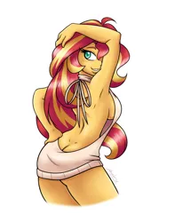 Size: 1280x1622 | Tagged: suggestive, artist:ambris, derpibooru import, sunset shimmer, equestria girls, armpits, ass, backless, blushing, breasts, bunset shimmer, busty sunset shimmer, buttcrack, clothes, colored pupils, female, from behind, hand on hip, looking back, open-back sweater, praise the sunset, sexy, sideboob, signature, simple background, sleeveless sweater, smiling, solo, solo female, sweater, virgin killer sweater, white background