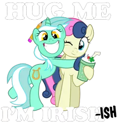 Size: 5000x5266 | Tagged: safe, artist:marble-soda, derpibooru import, bon bon, lyra heartstrings, sweetie drops, earth pony, pony, unicorn, absurd resolution, adorabon, correction, cute, drink, female, hug, hug me im irish, lesbian, lyrabetes, lyrabon, lyrish, pencil, shipping, simple background, text, transparent background