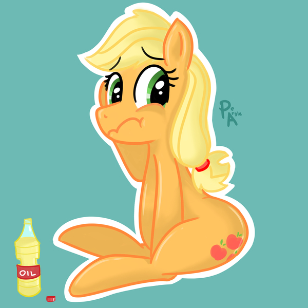 Size: 3000x3000 | Tagged: applejack, artist:marble-soda, blue background, derpibooru import, no tail, oil, safe, simple background, solo