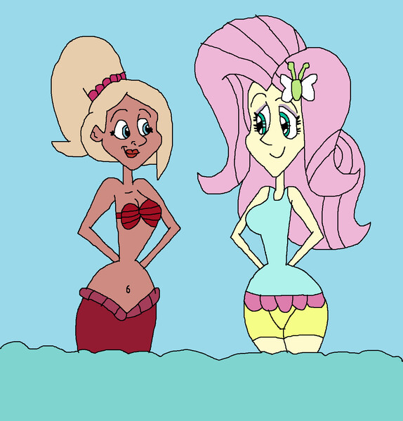 Size: 1333x1393 | Tagged: safe, artist:hunterxcolleen, derpibooru import, fluttershy, mermaid, equestria girls, arista (the little mermaid), belly button, clothes, crossover, one-piece swimsuit, swimsuit, the little mermaid, water