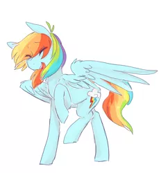Size: 816x881 | Tagged: safe, artist:braindead, derpibooru import, rainbow dash, pegasus, pony, cute, eyes closed, laughing, prancing, simple background, smiling, solo, wings