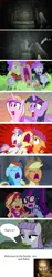 Size: 1000x5343 | Tagged: semi-grimdark, derpibooru import, edit, edited screencap, screencap, applejack, maud pie, pinkie pie, pipsqueak, princess cadance, rainbow dash, sci-twi, scootaloo, sunset shimmer, sweetie belle, twilight sparkle, twilight sparkle (alicorn), human, castle mane-ia, equestria girls, legend of everfree, luna eclipsed, three's a crowd, absurd resolution, capcom, comic, crossover, ethan, evil, fear, first person view, gun, horror, jack baker, marguerite baker, nightmare fuel, offscreen character, pov, resident evil, resident evil 7, scared, screaming, screencap comic, weapon, welcome to the family