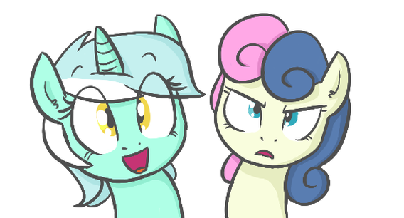 Size: 568x306 | Tagged: safe, artist:shoutingisfun, derpibooru import, bon bon, lyra heartstrings, sweetie drops, earth pony, pony, unicorn, bon bon is not amused, bust, cropped, duo, looking at you, lyra is amused, open mouth, portrait, simple background, smiling, unamused, varying degrees of want, white background