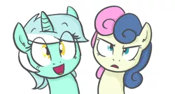 Size: 568x306 | Tagged: safe, artist:shoutingisfun, derpibooru import, bon bon, lyra heartstrings, sweetie drops, earth pony, pony, unicorn, bon bon is not amused, bust, cropped, duo, looking at you, lyra is amused, open mouth, portrait, simple background, smiling, unamused, varying degrees of want, white background