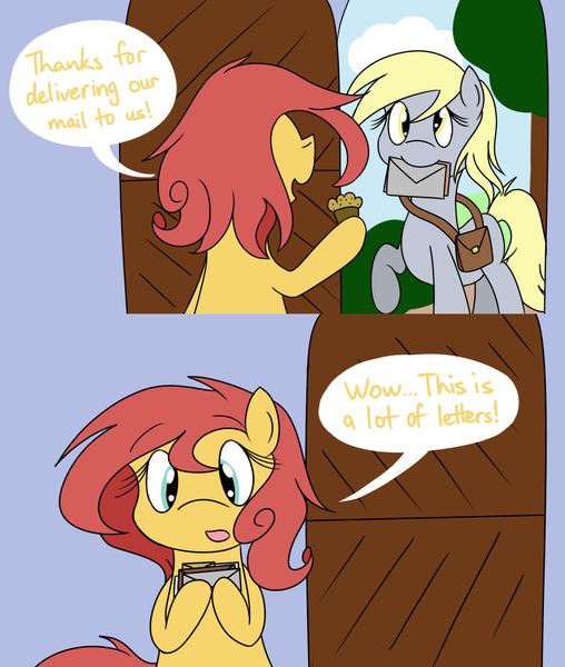 Size: 1280x1511 | Tagged: safe, artist:hummingway, derpibooru import, derpy hooves, oc, oc:pan pare, pegasus, pony, ask-humming-way, dialogue, female, mare, tumblr comic