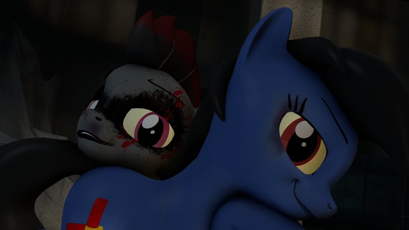 Size: 3840x2160 | Tagged: 3d, advanced lighting, artist:jeff556, blood, blood on face, bruised, derpibooru import, duo, duo female, eyebrows, facial markings, fallout, fallout equestria, female, head on flank, oc, oc:buckshot, oc:kammy, raider, raiders, safe, shotgun shell, smirk, source filmmaker, unofficial characters only, zoomed in