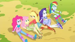 Size: 1920x1080 | Tagged: safe, derpibooru import, screencap, applejack, fluttershy, pinkie pie, rainbow dash, rarity, equestria girls, legend of everfree, boho, boots, bracelet, camp fashion show outfit, chinese text, clothes, converse, cowboy boots, dress, jewelry, rainbow dash is not amused, shoes, sneakers, tights