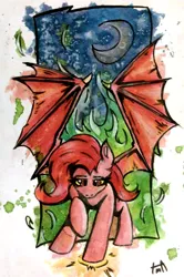 Size: 700x1055 | Tagged: safe, artist:pepperscratch, derpibooru import, oc, oc:spicy, unofficial characters only, bat pony, pony, female, fire, mare, solo, traditional art