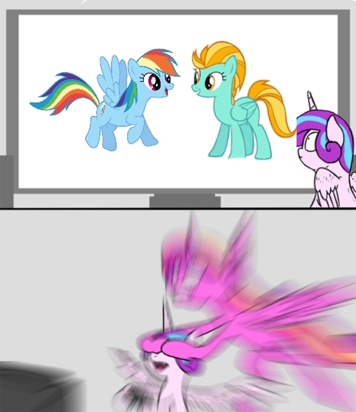 Size: 552x640 | Tagged: 1000 years in photoshop, artist:slamjam, bowser censor, covering eyes, derpibooru import, edit, exploitable meme, lightning dust, meme, princess cadance, princess flurry heart, radiant blur, rainbow dash, safe, television