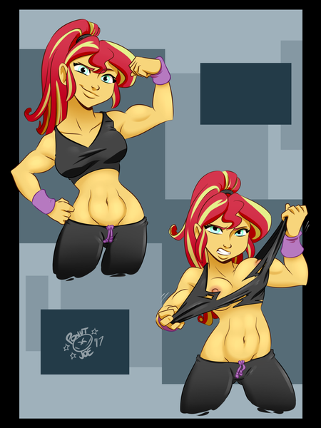 Size: 1280x1707 | Tagged: questionable, artist:ponut_joe, derpibooru import, sunset shimmer, equestria girls, abs, alternate hairstyle, belly button, biceps, breasts, busty sunset shimmer, clenched fist, clothes, female, flex, gritted teeth, hulk out, looking at you, midriff, muscles, nipples, nsfworkout, nudity, pants, partial nudity, ponytail, raised arm, raised eyebrow, ripping clothes, serious, serious face, showing off, signature, smiling, solo, solo female, sports bra, sunset lifter, sweatband, sweatpants, topless, torn clothes