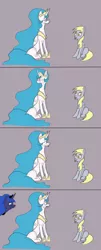 Size: 1800x4476 | Tagged: safe, artist:paleheart-arts, deleted from derpibooru, derpibooru import, derpy hooves, princess celestia, princess luna, alicorn, pegasus, pony, :p, absurd resolution, caught, comic, nose wrinkle, scrunchy face, sillestia, silly, simple background, sitting, smirk, tongue out, wide eyes