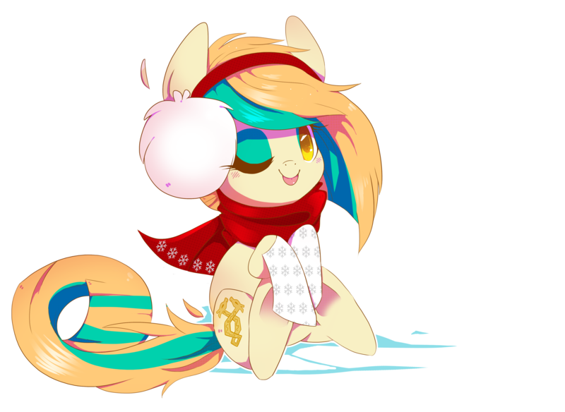 Size: 3760x2745 | Tagged: safe, artist:sorasku, derpibooru import, oc, oc:white dreams, unofficial characters only, earth pony, pony, clothes, earmuffs, female, high res, mare, one eye closed, scarf, simple background, solo, tongue out, transparent background, wink
