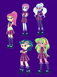 Size: 670x898 | Tagged: safe, artist:timlegionfederationa, derpibooru import, indigo zap, lemon zest, sour sweet, sugarcoat, sunny flare, equestria girls, clothes, crystal prep academy uniform, freckles, glasses, goggles, headphones, school uniform, shadow five, shoes, socks, wrong aspect ratio