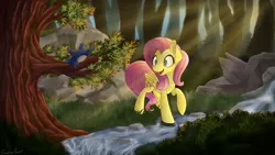 Size: 2560x1440 | Tagged: safe, artist:sentireaeris, derpibooru import, fluttershy, bird, pegasus, pony, crepuscular rays, ear fluff, forest, head turn, looking at something, morning ponies, raised hoof, river, scenery, signature, solo, stream, tree