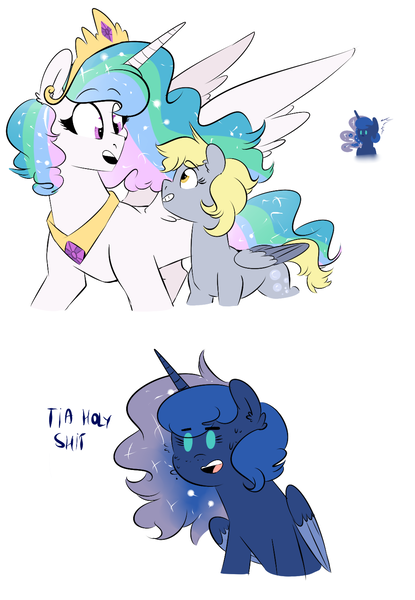 Size: 1013x1463 | Tagged: safe, artist:soft-arthropod, derpibooru import, derpy hooves, princess celestia, princess luna, pegasus, pony, comic, derpyluna daily, female, lesbian, lunaderp, mare, shipping, sweat, this will end in embarrassment, vulgar, wide eyes