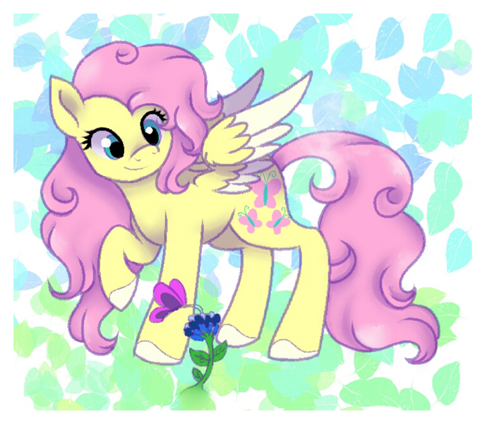 Size: 1221x1066 | Tagged: artist:sweetheart-arts, butterfly, colored hooves, colored wings, derpibooru import, flower, fluttershy, looking at something, looking down, raised hoof, safe, solo, spread wings