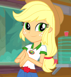 Size: 417x450 | Tagged: safe, derpibooru import, screencap, applejack, equestria girls, legend of everfree, air quotes, animated, clothes, cowboy hat, cropped, cup, denim, freckles, gif, hat, jug, shorts, solo, stetson, talking