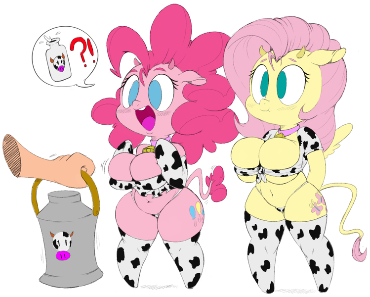 Size: 1280x1026 | Tagged: absolute cleavage, adorasexy, anthro, artist:purple-yoshi-draws, artist:wurst, bell, belly button, big breasts, breasts, busty fluttershy, busty pinkie pie, cleavage, clothes, colored, color edit, cow, cowbell, cowified, cowprint, cute, derpibooru import, edit, female, fluttercow, fluttermilk, fluttershy, hand, milk, pictogram, pincow pie, pinkie pie, sexy, shortstack, species swap, spindles' birthday, suggestive, thunder thighs