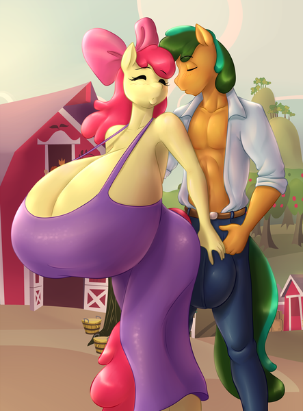 Size: 1843x2497 | Tagged: questionable, artist:hyperstorm_h, artist:marauder6272, color edit, derpibooru import, edit, apple bloom, oc, oc:coral leaf, anthro, fanfic, abs, balls, belt, big balls, big breasts, blushing, breasts, busty apple bloom, canon x oc, cleavage, clothes, colored, coralbloom, crotch bulge, dress, eyes closed, fanfic art, fanfic cover, female, huge breasts, impossibly large balls, impossibly large breasts, male, older, older apple bloom, open clothes, open shirt, pants, shipping, straight, sweet apple acres