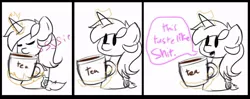 Size: 894x353 | Tagged: safe, artist:lyres-art, derpibooru import, lyra heartstrings, pony, unicorn, chibi, comic, cup, food, levitation, magic, partial color, sketch, solo, tea, teacup, telekinesis, vulgar