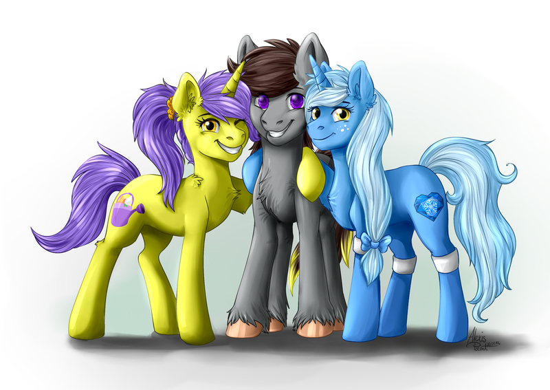 Size: 2834x2007 | Tagged: safe, artist:alexispaint, derpibooru import, oc, oc:glace, oc:luxor, oc:tulipan, unofficial characters only, earth pony, pony, unicorn, bow, cute, hair bow, hairband, hug, looking at you, luxorian trio, smiling, unshorn fetlocks