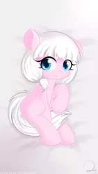 Size: 2008x3564 | Tagged: safe, artist:aitureria, derpibooru import, oc, oc:omitri, unofficial characters only, earth pony, pony, bed, blushing, cute, female, filly, lies, looking at you, simple background, smiling, solo, wide eyes