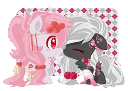 Size: 840x600 | Tagged: safe, artist:exceru-karina, derpibooru import, oc, unofficial characters only, pony, blushing, chibi, duo, eyes closed, female, flower, flower in hair, mare, nuzzling