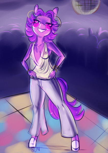 Size: 2120x3000 | Tagged: 30 minute art challenge, anthro, artist:helloiamyourfriend, bell bottom pants, bracelet, breasts, clothes, derpibooru import, disco, disco ball, ear piercing, earring, farrah fawcett hair, female, generic pony, hand on hip, jewelry, nipples, nudity, oc, piercing, pink sunglasses, questionable, see-through, see through blouse, simple background, sketch, unofficial characters only, white pants