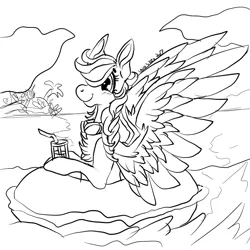Size: 1470x1470 | Tagged: safe, artist:brainiac, derpibooru import, rainbow dash, black and white, chest fluff, coloring page, drink, grayscale, lineart, monochrome, solo