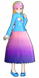 Size: 1500x3000 | Tagged: 3d, artist:lokelios, clothes, derpibooru import, g3, human, humanized, long skirt, looking at you, mmd, rainbow dash always dresses in style, rainbow dash (g3), safe, shoes, simple background, skirt, solo, sweater, transparent background