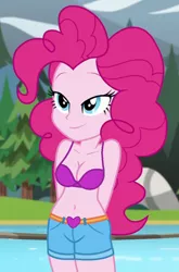 Size: 410x620 | Tagged: suggestive, derpibooru import, edit, edited screencap, editor:ah96, screencap, pinkie pie, equestria girls, legend of everfree, arm behind back, belly button, bra, breast edit, breasts, cleavage, clothes, cropped, female, purple underwear, shorts, solo, underwear, underwear edit