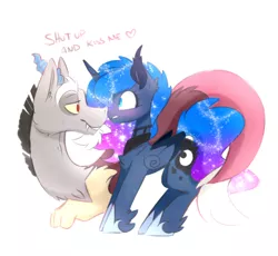 Size: 2080x1914 | Tagged: safe, artist:elementalokami, derpibooru import, discord, princess luna, alicorn, draconequus, pony, blushing, dialogue, female, looking at each other, lunacord, male, mare, shipping, smiling, straight