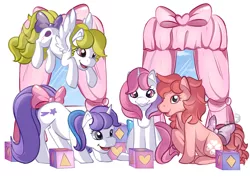 Size: 1024x724 | Tagged: safe, artist:ellesdoodlebox, derpibooru import, baby cotton candy, baby glory, baby moondancer, baby surprise, pony, escape from catrina, g1