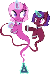 Size: 6246x9267 | Tagged: safe, artist:illumnious, derpibooru import, oc, oc:aura midnight, oc:flares midnight, unofficial characters only, genie, genie pony, pony, unicorn, absurd resolution, cute, duo, duo female, female, glowing horn, magic, mare, simple background, smiling, transparent background, twins, vector