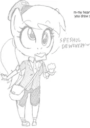 Size: 266x378 | Tagged: amblyopia, anthro, artist:hipster-ponies, artist:ieatbugs, chibi, clothes, cute, derpibooru import, derpy hooves, diabetes, flockdraw, flockmod, food, hat, mail, mouth hold, muffin, pigeon toed, ponytail, safe, satchel, sketch, solo, sports shorts, uniform