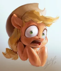 Size: 658x768 | Tagged: safe, artist:assasinmonkey, derpibooru import, applejack, pony, cowboy hat, freckles, gradient background, hat, looking at you, open mouth, scared, signature, simple background, solo, stetson, surprised