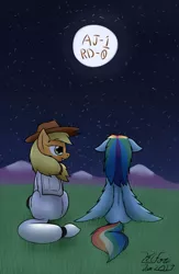Size: 835x1280 | Tagged: safe, artist:the-furry-railfan, derpibooru import, part of a set, applejack, rainbow dash, earth pony, pegasus, pony, series:one small trot for a pony, applejack's hat, astronaut, cowboy hat, floppy ears, grin, hat, message, moon, mountain, night, outdoors, part of a series, sequence, smiling, smug, spacesuit, stars, story included, wings, wings down