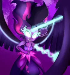 Size: 1024x1096 | Tagged: safe, artist:wubcakeva, derpibooru import, sci-twi, twilight sparkle, equestria girls, bare shoulders, evil, evil grin, glowing eyes, glowing horn, grin, midnight sparkle, sleeveless, smiling, solo, strapless