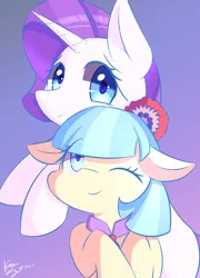 Size: 1271x1766 | Tagged: safe, artist:kawaiipony2, derpibooru import, coco pommel, rarity, pony, clothes, cocobetes, colored pupils, cute, duo, duo female, female, floppy ears, looking at you, one eye closed, raribetes, simple background