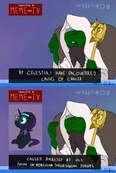 Size: 1280x1920 | Tagged: safe, artist:anontheanon, derpibooru import, oc, oc:anon, oc:nyx, unofficial characters only, alicorn, human, pony, beard, chair, clothes, dialogue, facial hair, memri tv, nyx hate, open mouth, parody, scepter, sitting, subtitles, twilight scepter, vulgar, wingdings