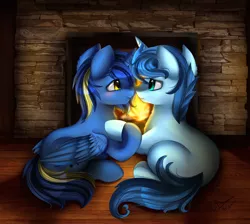 Size: 2918x2614 | Tagged: safe, artist:pridark, derpibooru import, oc, oc:noteworthy, oc:rattamacue, unofficial characters only, alicorn, pony, unicorn, alicorn oc, commission, fireplace, gay, looking at each other, male, oc x oc, prone, shipping, smiling, stallion