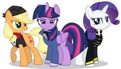Size: 1838x1048 | Tagged: safe, artist:dinight, derpibooru import, applejack, rarity, twilight sparkle, twilight sparkle (alicorn), alicorn, pony, the count of monte rainbow, clothes, crossover, danglajacks, freckles, looking at you, monsparkle, rarifort, simple background, the count of monte cristo, transparent background, vector