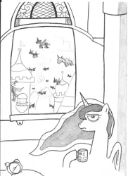 Size: 1780x2441 | Tagged: safe, artist:potatobug, derpibooru import, princess luna, alicorn, changeling, pony, a canterlot wedding, alarm clock, canterlot, clock, coffee, dark circles, invasion, looking at you, luna is not amused, monochrome, traditional art, unamused