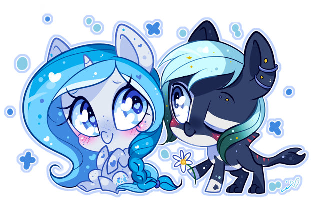 Size: 623x418 | Tagged: safe, artist:ipun, derpibooru import, oc, oc:bubble lee, oc:mako, unofficial characters only, earth pony, hybrid, orca pony, original species, pony, unicorn, blushing, chibi, commission, couple, cute, ear piercing, flower, heart, heart eyes, makolee, male, ocbetes, one eye closed, piercing, raised hoof, simple background, sitting, smiling, straight, transparent background, wingding eyes, wink