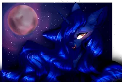 Size: 1024x683 | Tagged: safe, artist:tunxxon, artist:xxmissteaxx, derpibooru import, princess luna, pony, vampire, blood, collaboration, looking at you, moon, red eyes, solo, stars